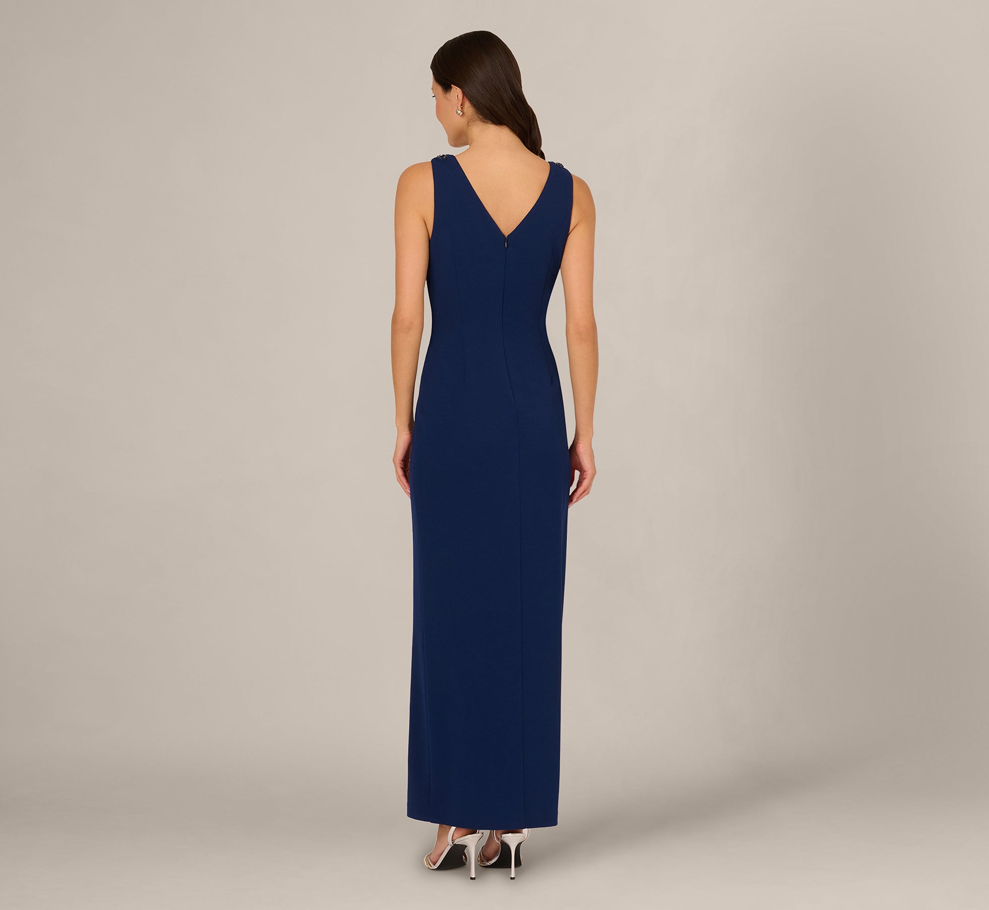 V Neck Beaded Ruffle Column Gown In Navy Sateen