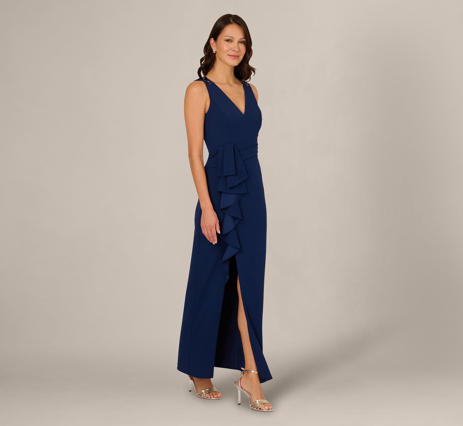 V Neck Beaded Ruffle Column Gown In Navy Sateen