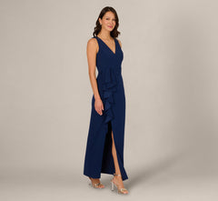 V Neck Beaded Ruffle Column Gown In Navy Sateen