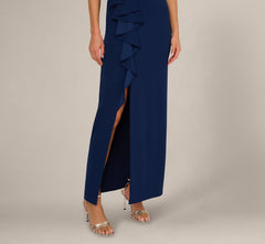 V Neck Beaded Ruffle Column Gown In Navy Sateen