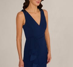 V Neck Beaded Ruffle Column Gown In Navy Sateen