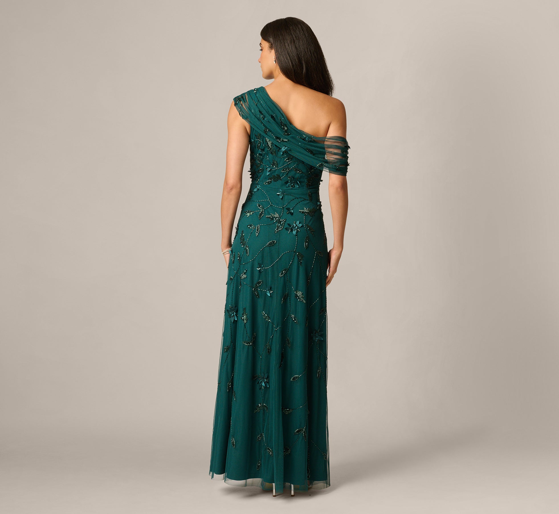 One Shoulder Draped Floral Beaded Gown In Gem Green
