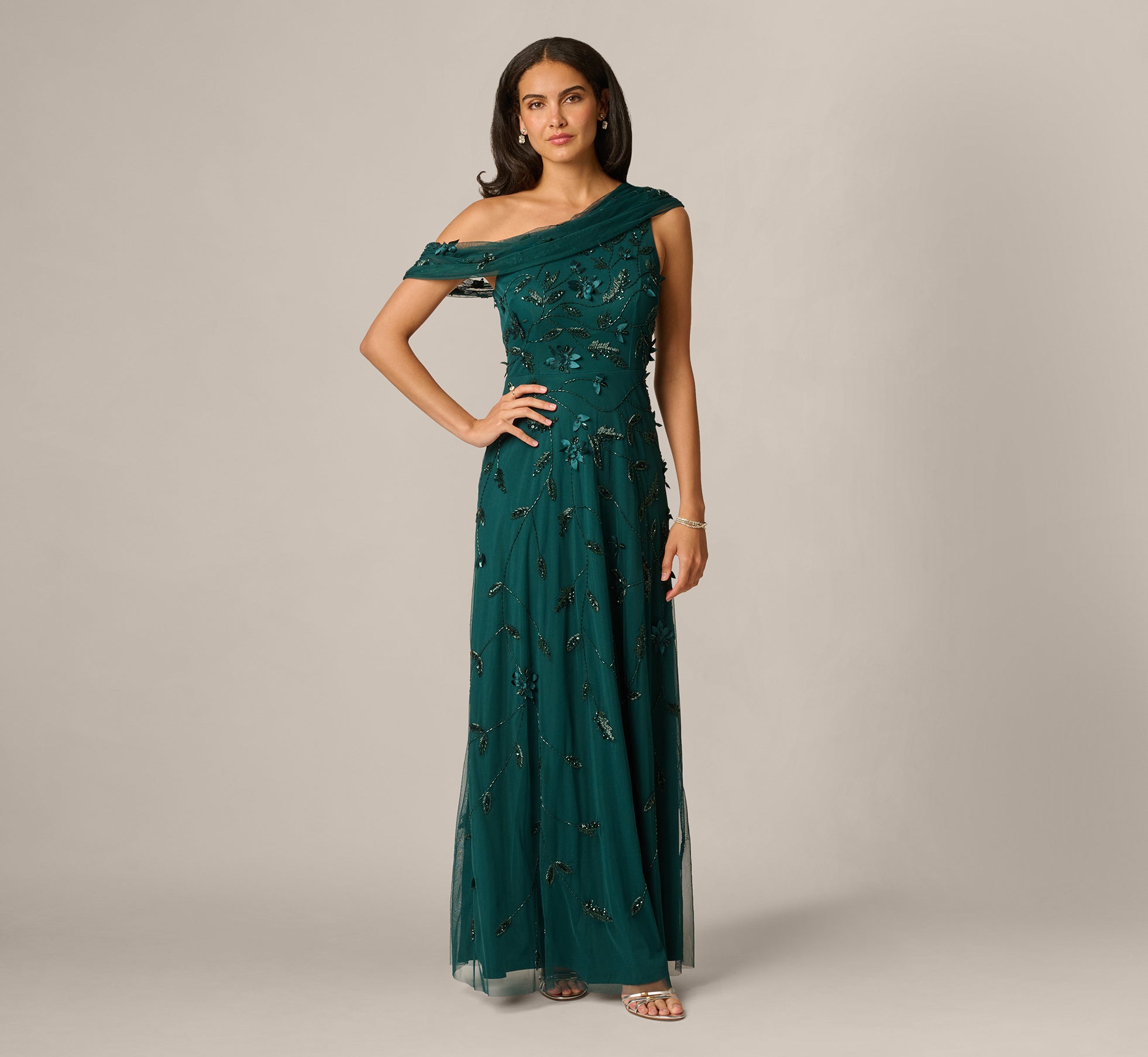 One Shoulder Draped Floral Beaded Gown In Gem Green