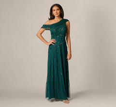 One Shoulder Draped Floral Beaded Gown In Gem Green