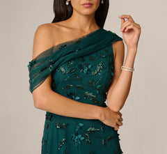 One Shoulder Draped Floral Beaded Gown In Gem Green