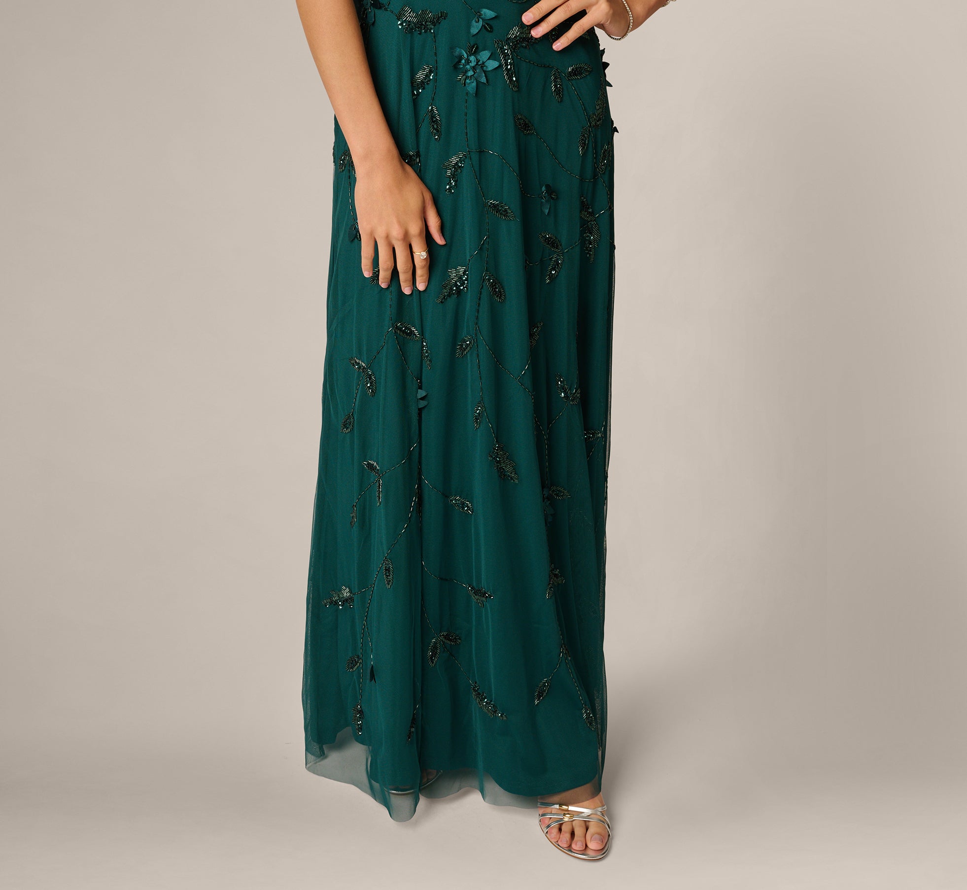One Shoulder Draped Floral Beaded Gown In Gem Green