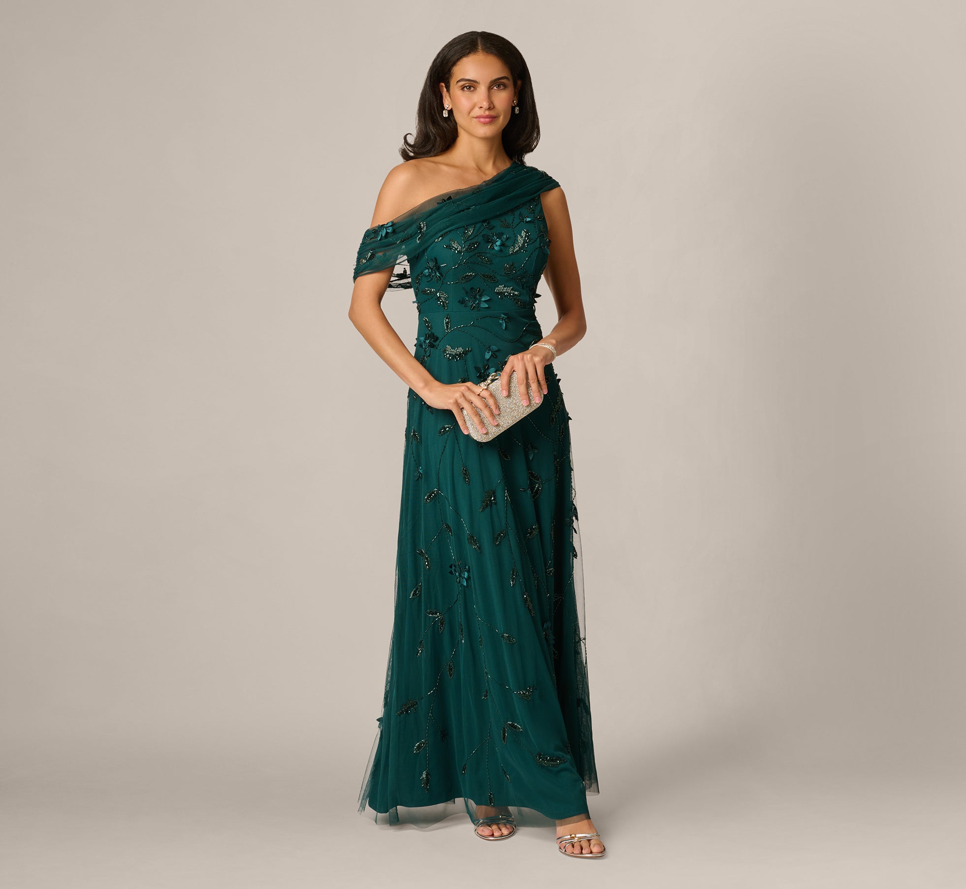 One Shoulder Draped Floral Beaded Gown In Gem Green