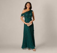 One Shoulder Draped Floral Beaded Gown In Gem Green