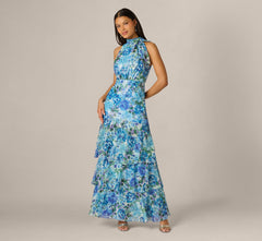 Tiered Metallic Floral Chiffon Halter Gown In Blue Multi