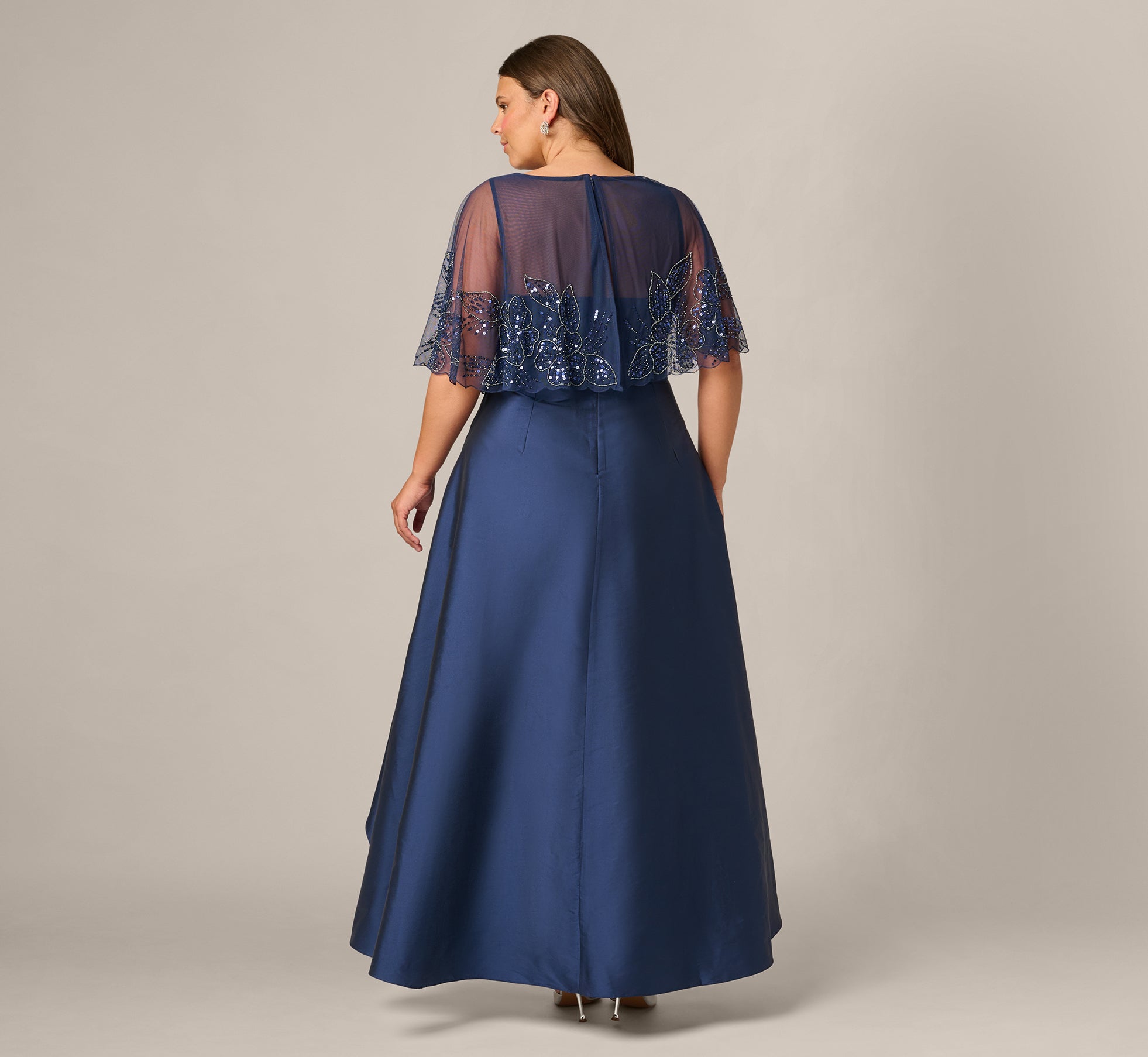 Plus Size Beaded Cape High Low Taffeta Combo Gown In Light Navy