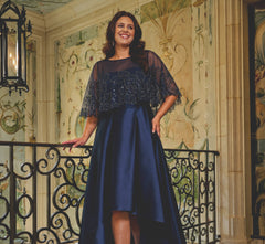 Plus Size Beaded Cape High Low Taffeta Combo Gown In Light Navy