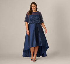 Plus Size Beaded Cape High Low Taffeta Combo Gown In Light Navy