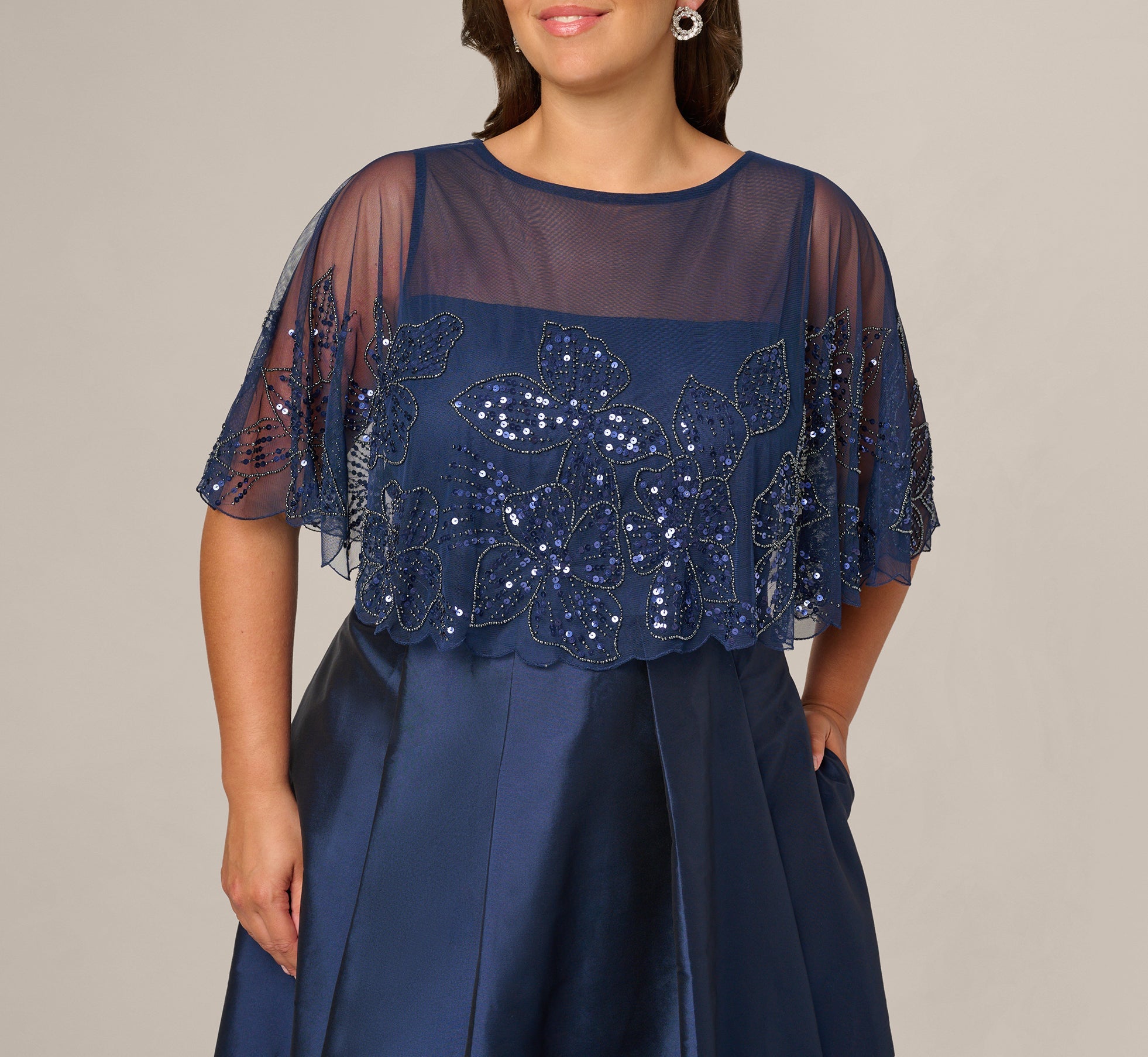 Plus Size Beaded Cape High Low Taffeta Combo Gown In Light Navy
