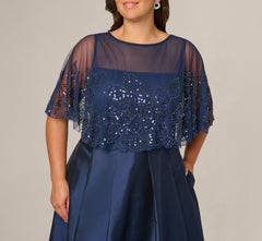 Plus Size Beaded Cape High Low Taffeta Combo Gown In Light Navy