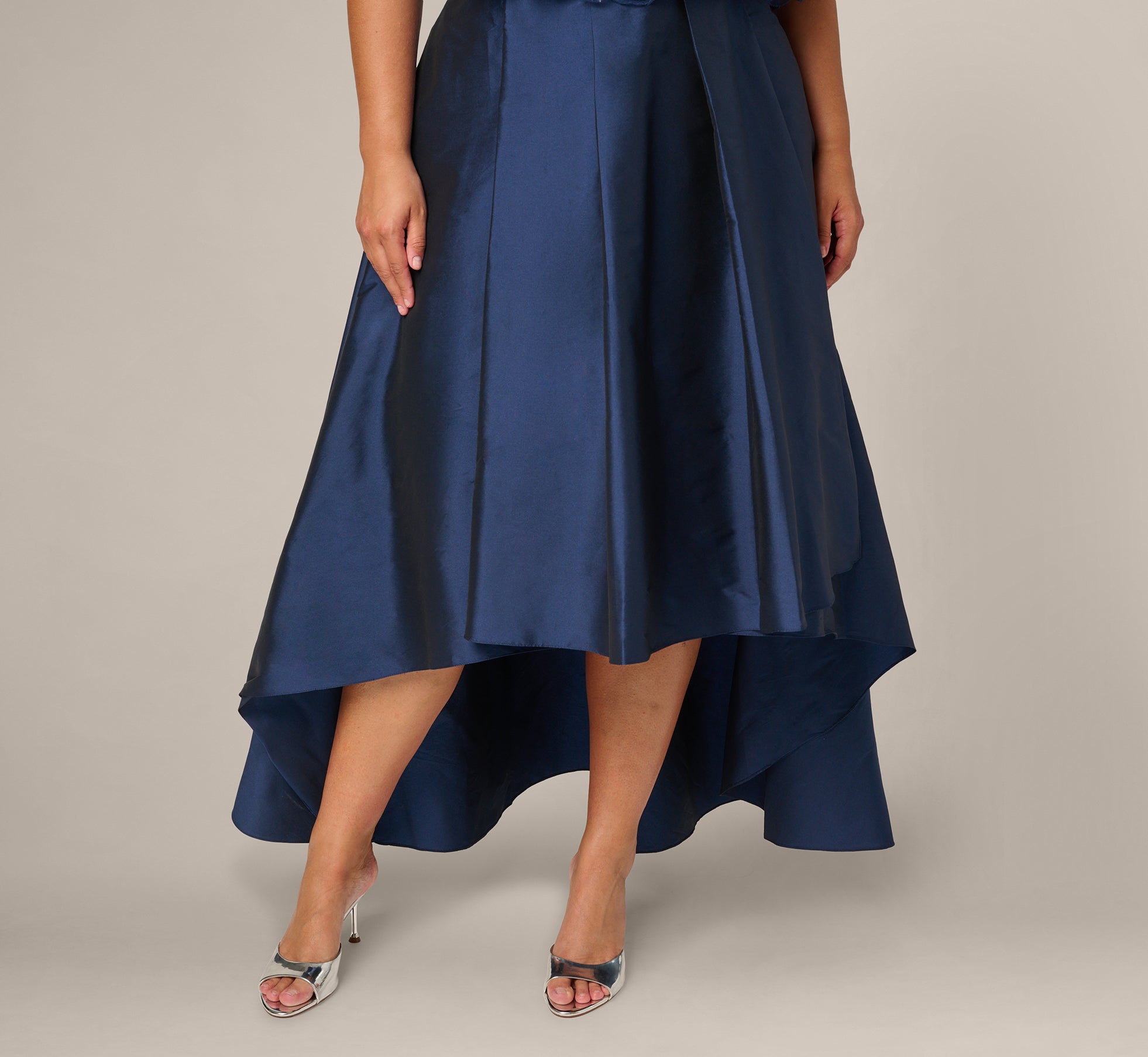 Plus Size Beaded Cape High Low Taffeta Combo Gown In Light Navy