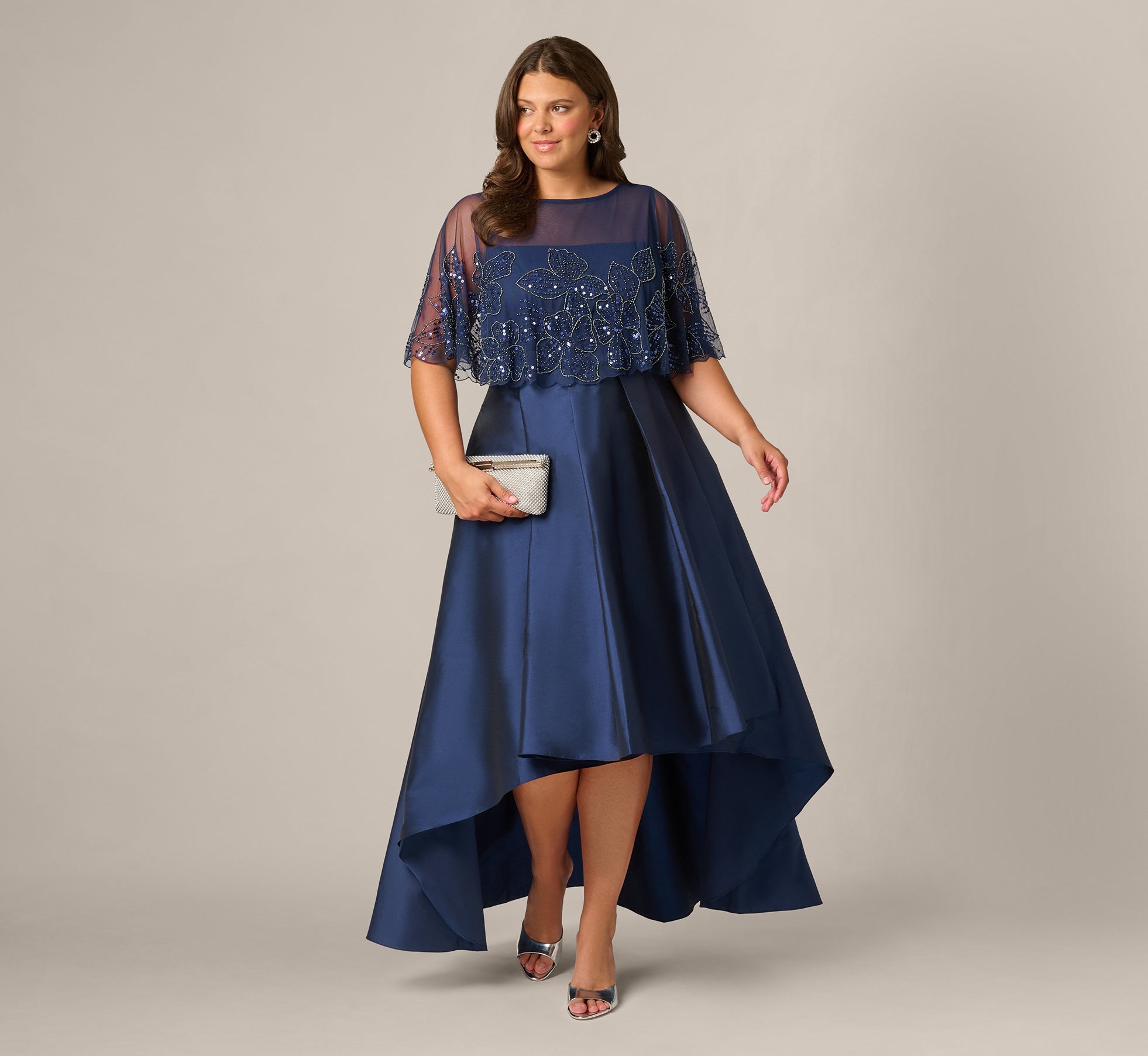 Plus Size Beaded Cape High Low Taffeta Combo Gown In Light Navy