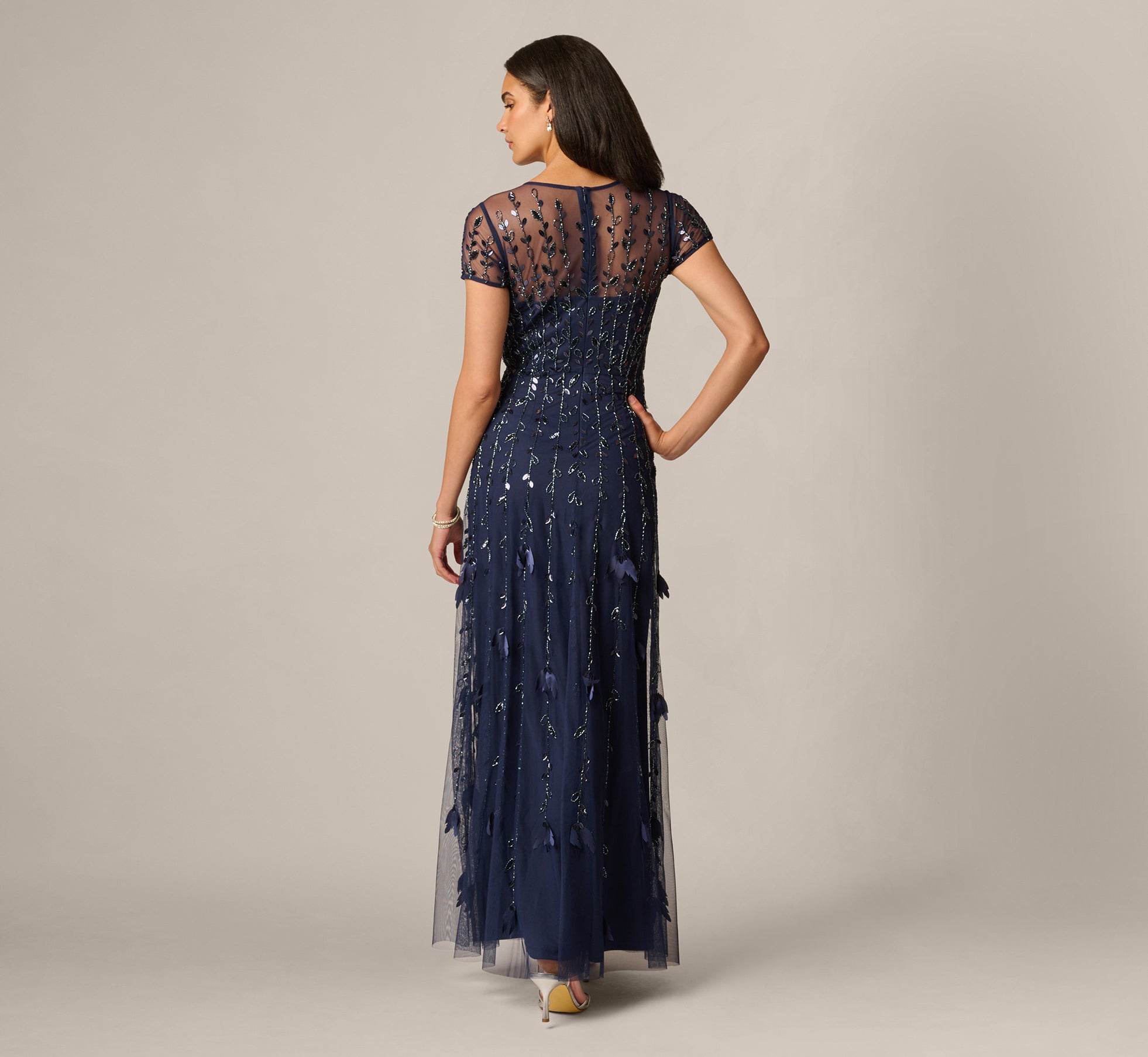 Short Sleeve 3D Beaded Vine Gown In Navy