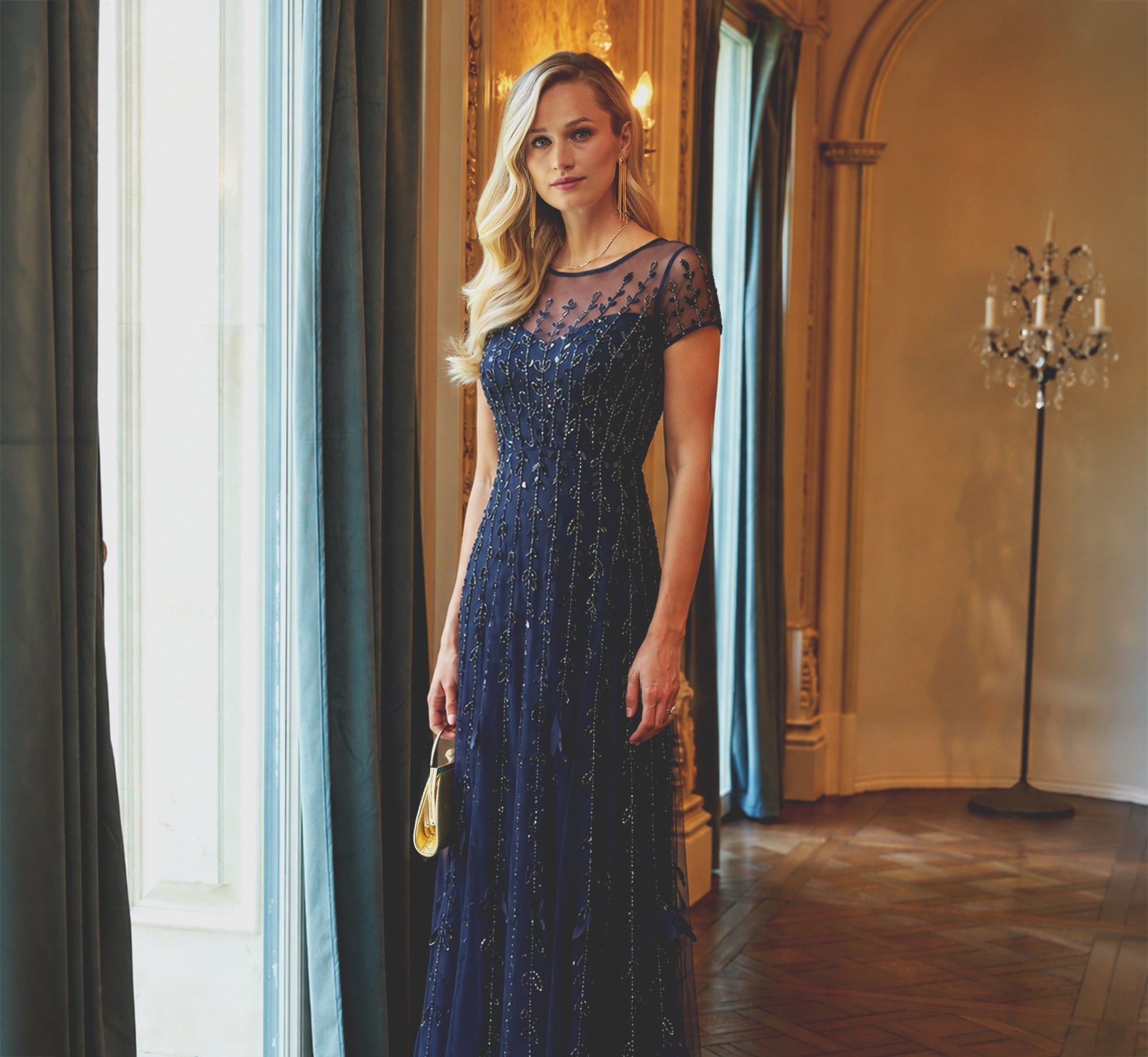 Short Sleeve 3D Beaded Vine Gown In Navy