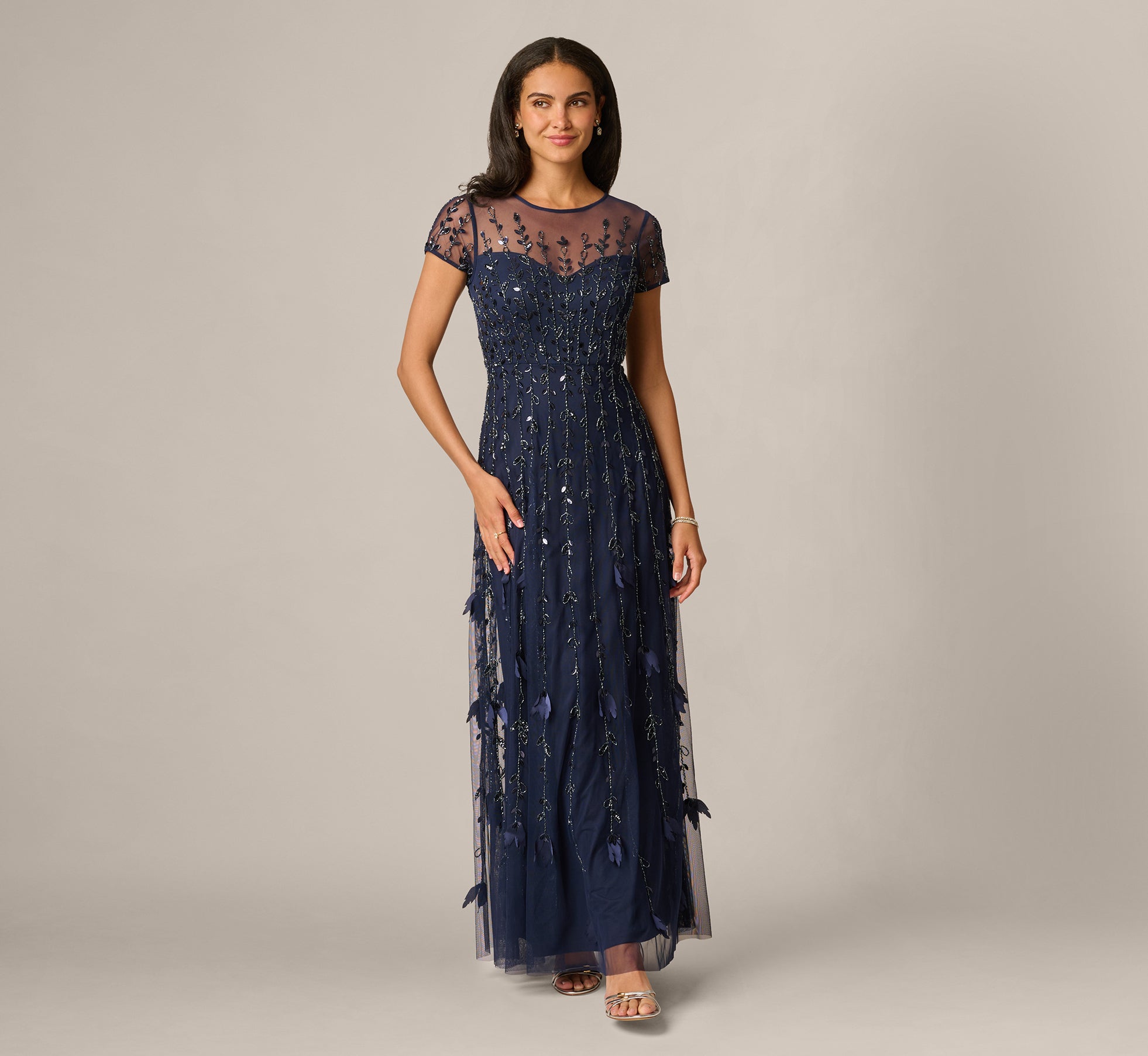 Short Sleeve 3D Beaded Vine Gown In Navy