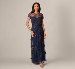Short Sleeve 3D Beaded Vine Gown In Navy