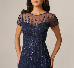 Short Sleeve 3D Beaded Vine Gown In Navy