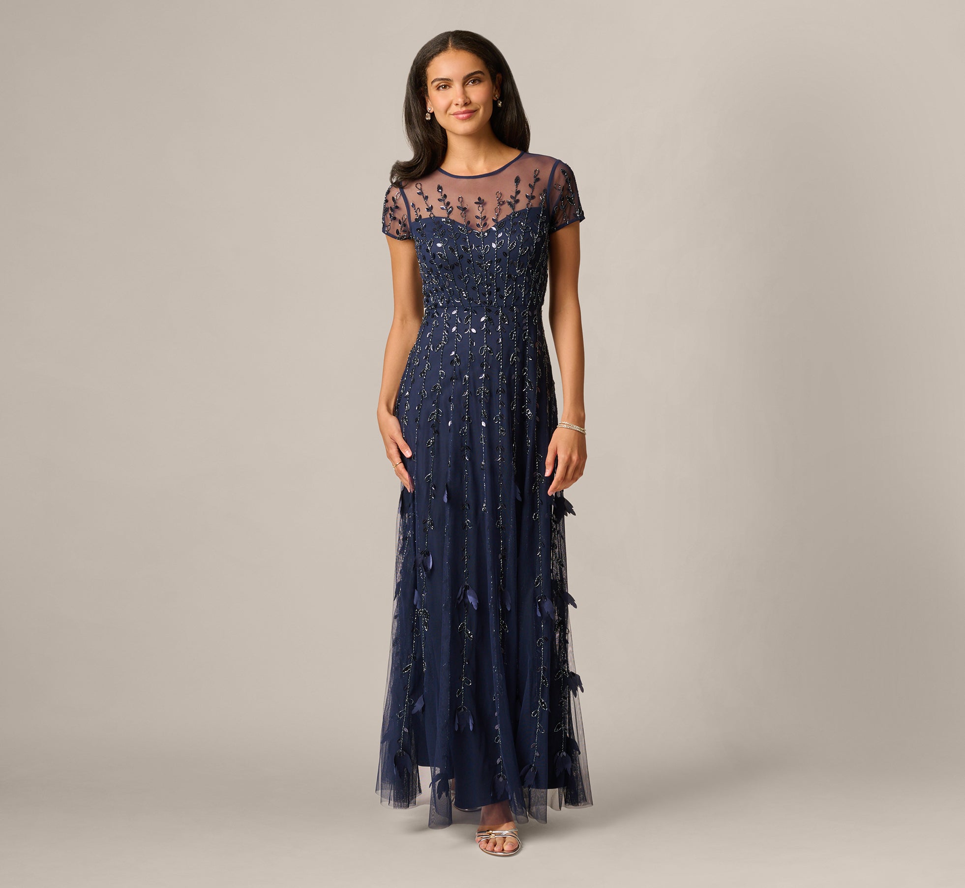 Short Sleeve 3D Beaded Vine Gown In Navy