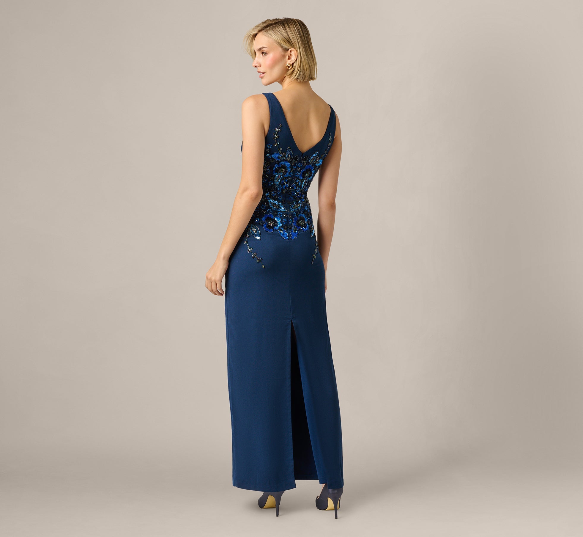 Pansy Floral Beaded Stretch Crepe Gown In Light Navy