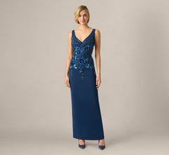 Pansy Floral Beaded Stretch Crepe Gown In Light Navy