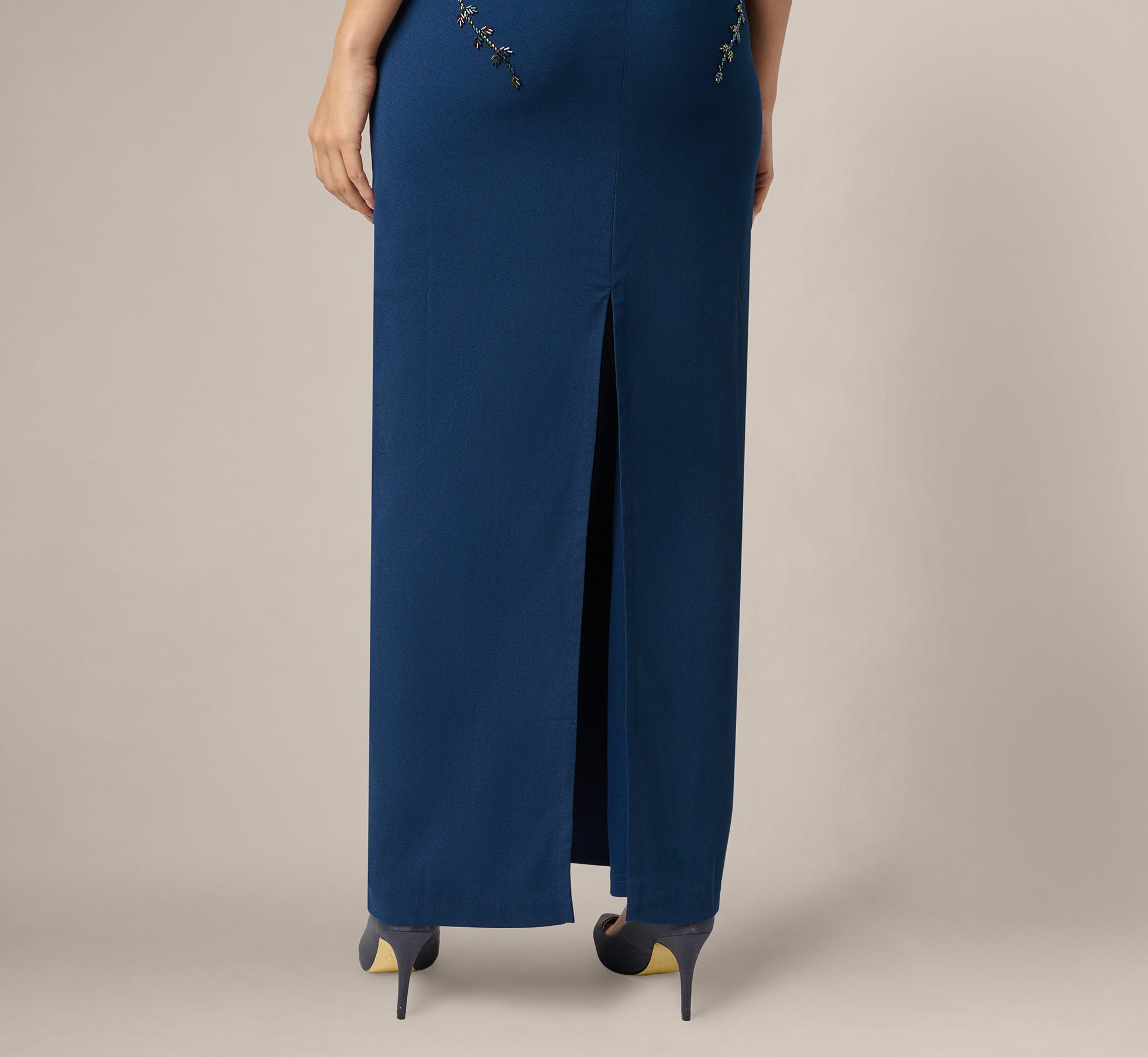 Pansy Floral Beaded Stretch Crepe Gown In Light Navy