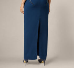 Pansy Floral Beaded Stretch Crepe Gown In Light Navy