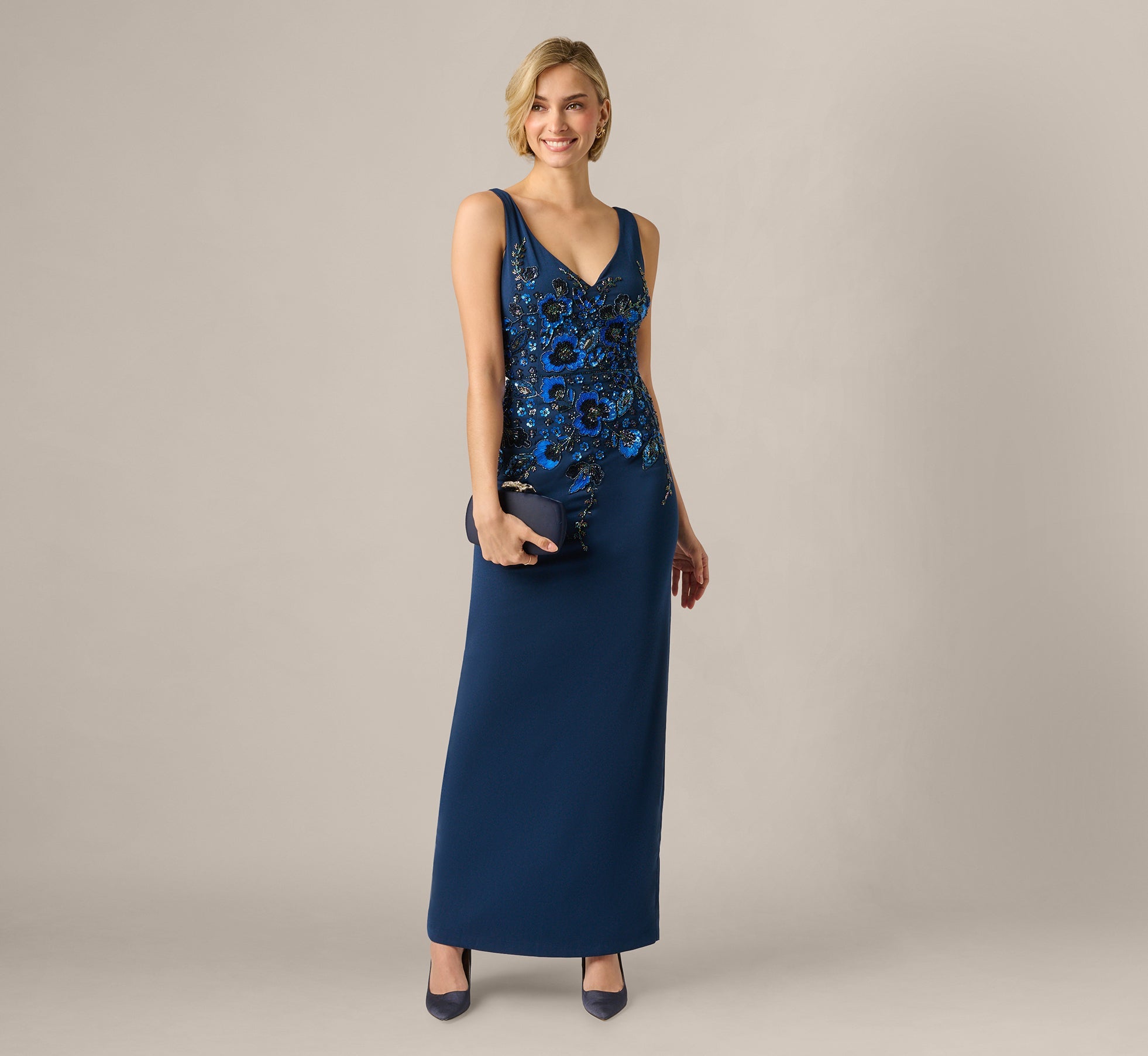 Pansy Floral Beaded Stretch Crepe Gown In Light Navy