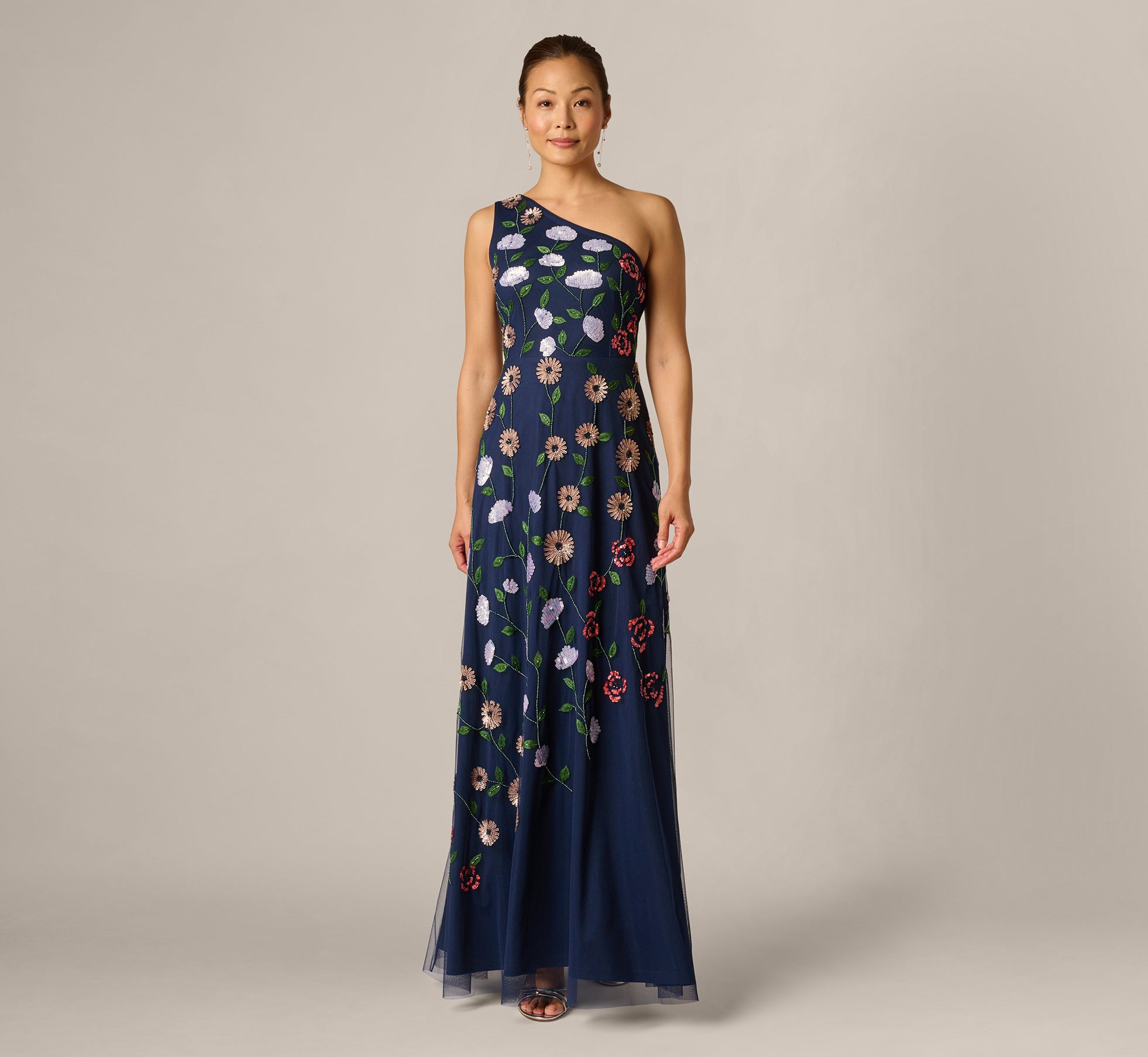One Shoulder Floral Garden Beaded Gown In Navy Multi