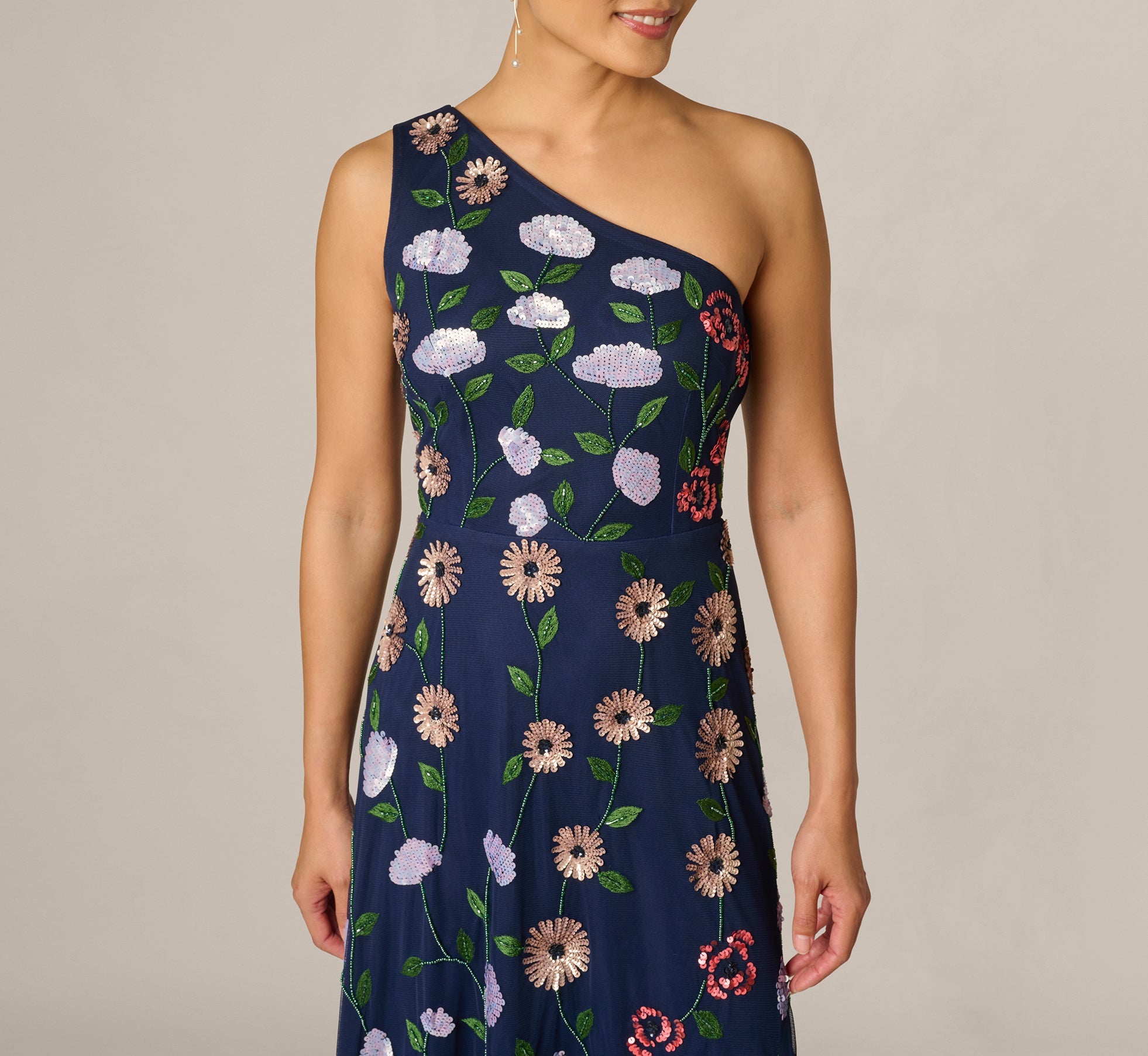 One Shoulder Floral Garden Beaded Gown In Navy Multi