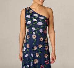 One Shoulder Floral Garden Beaded Gown In Navy Multi