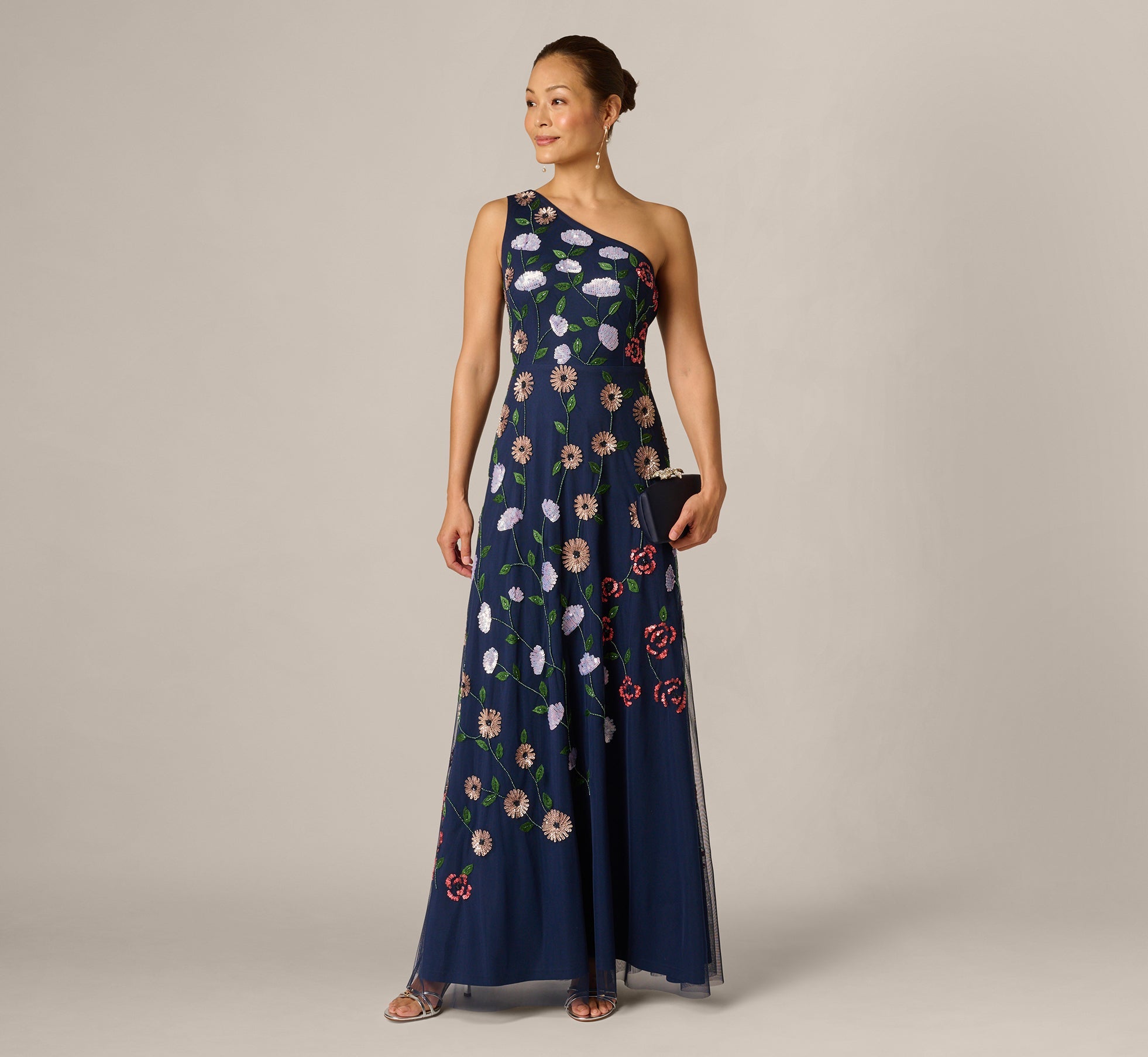 One Shoulder Floral Garden Beaded Gown In Navy Multi