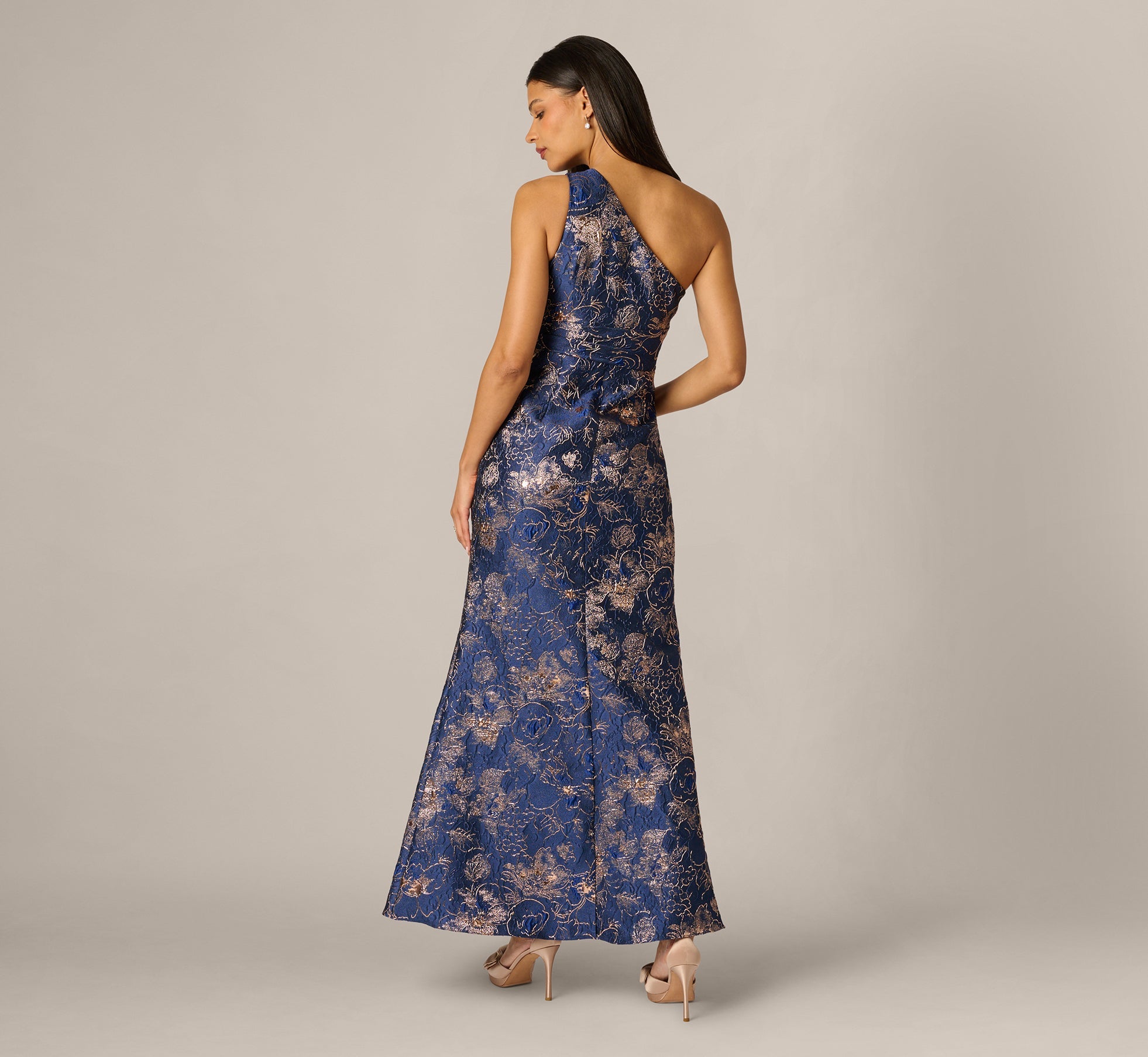 One Shoulder Floral Jacquard Bow Gown In Navy Rosegold