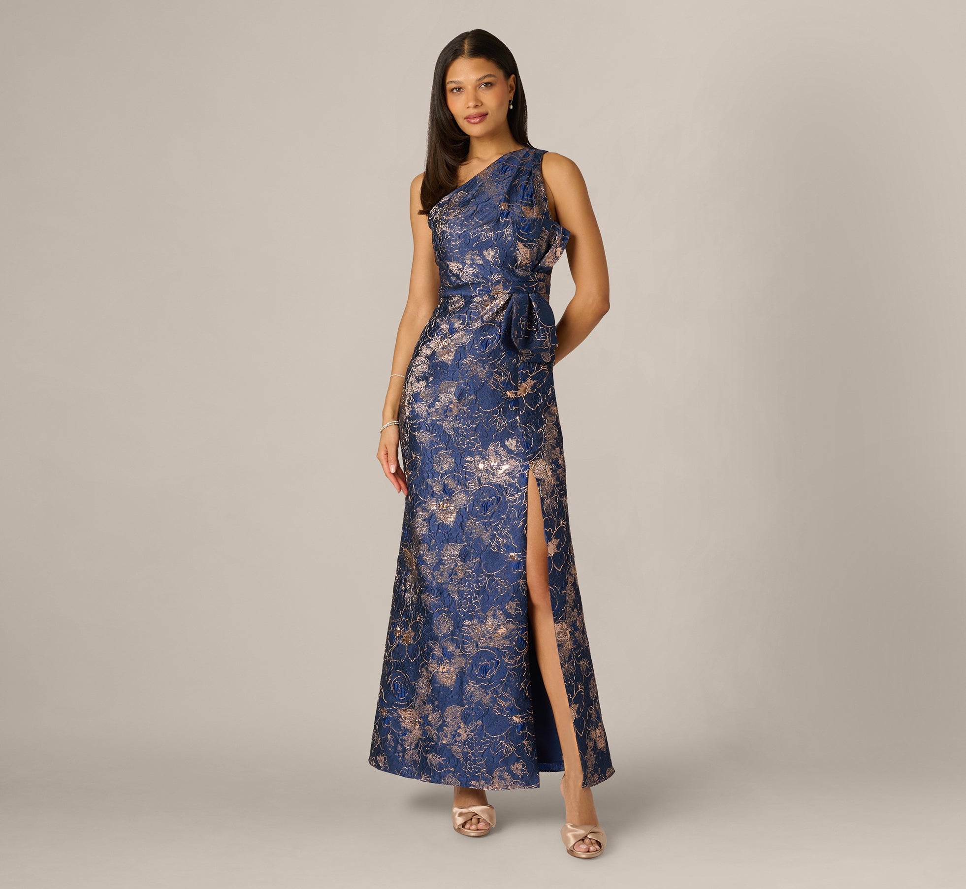 One Shoulder Floral Jacquard Bow Gown In Navy Rosegold