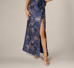 One Shoulder Floral Jacquard Bow Gown In Navy Rosegold