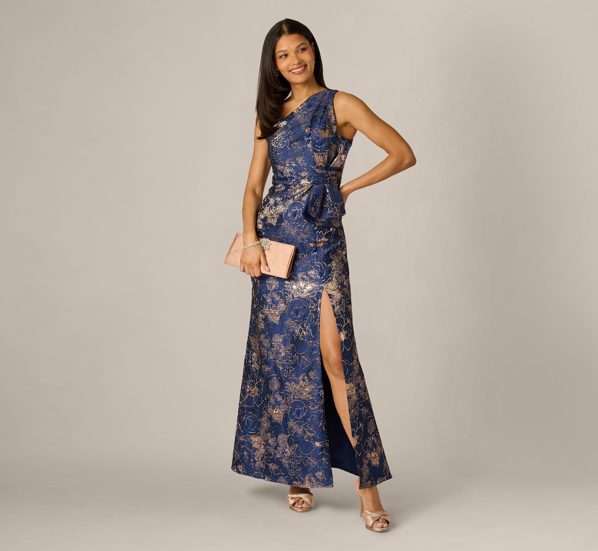 One Shoulder Floral Jacquard Bow Gown In Navy Rosegold