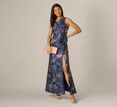 One Shoulder Floral Jacquard Bow Gown In Navy Rosegold