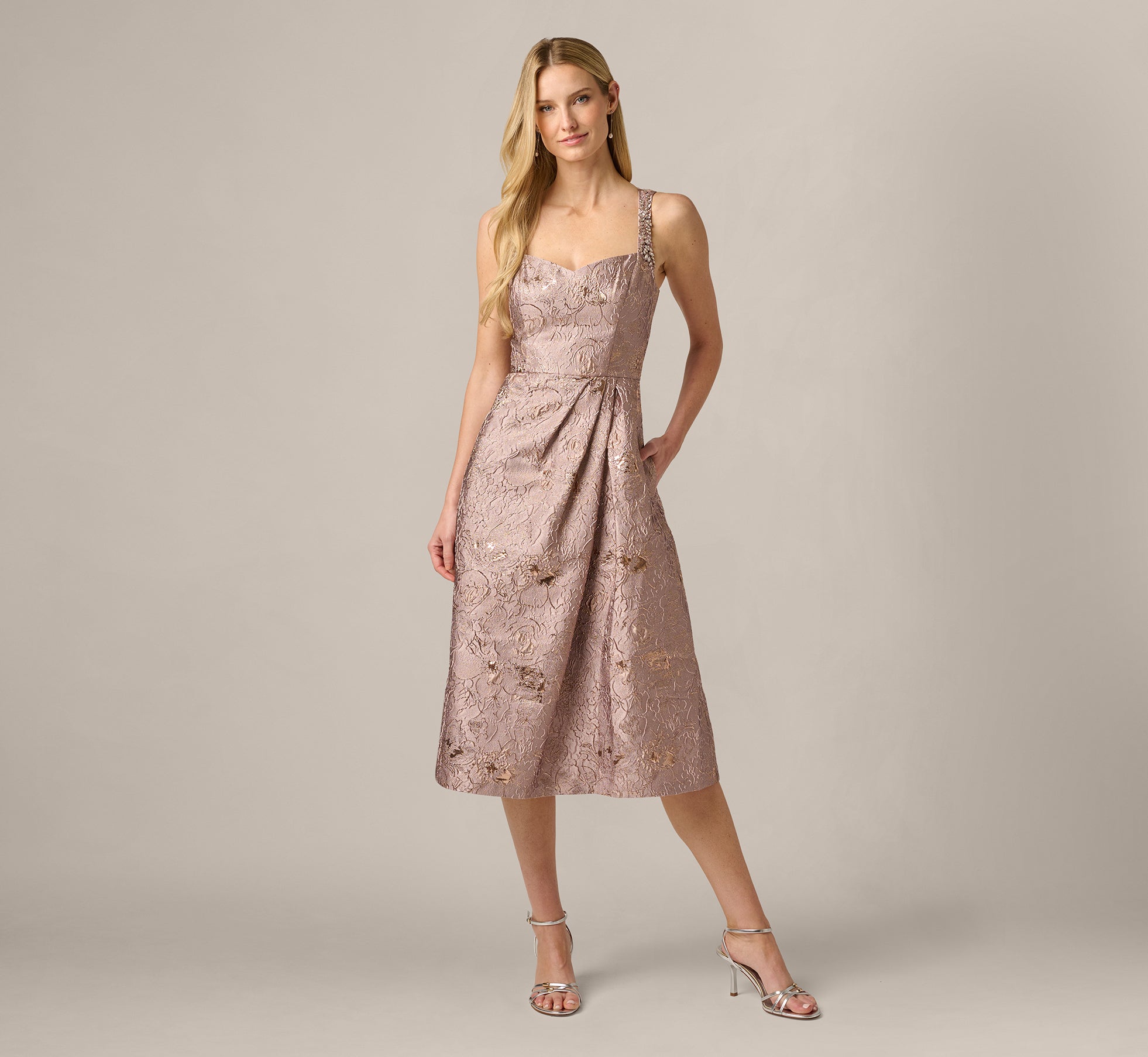 Metallic Jacquard Rhinestone Strap Midi Dress In Candied Ginger