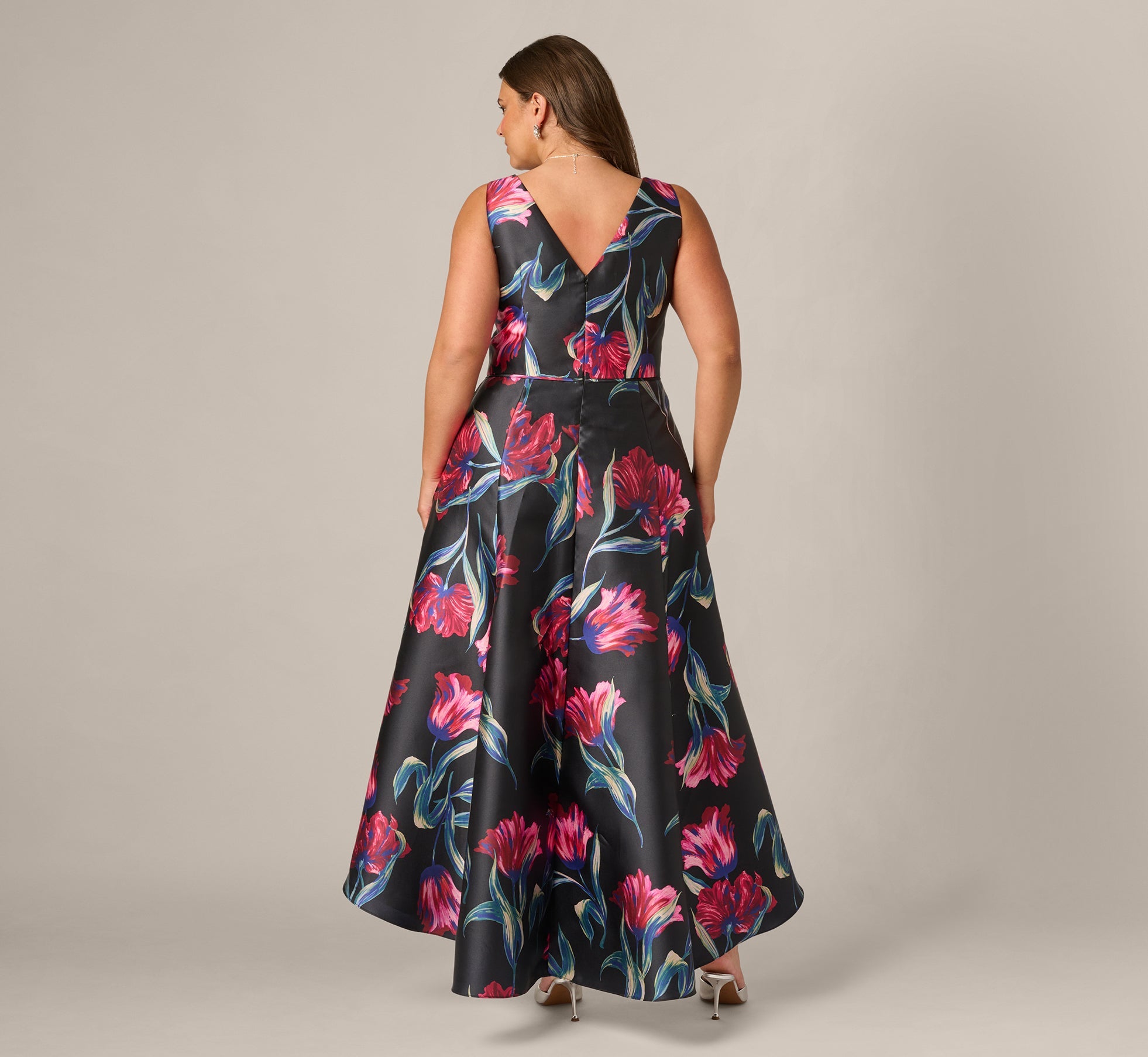 Plus Size Floral Print Mikado High Low Gown In Black Multi