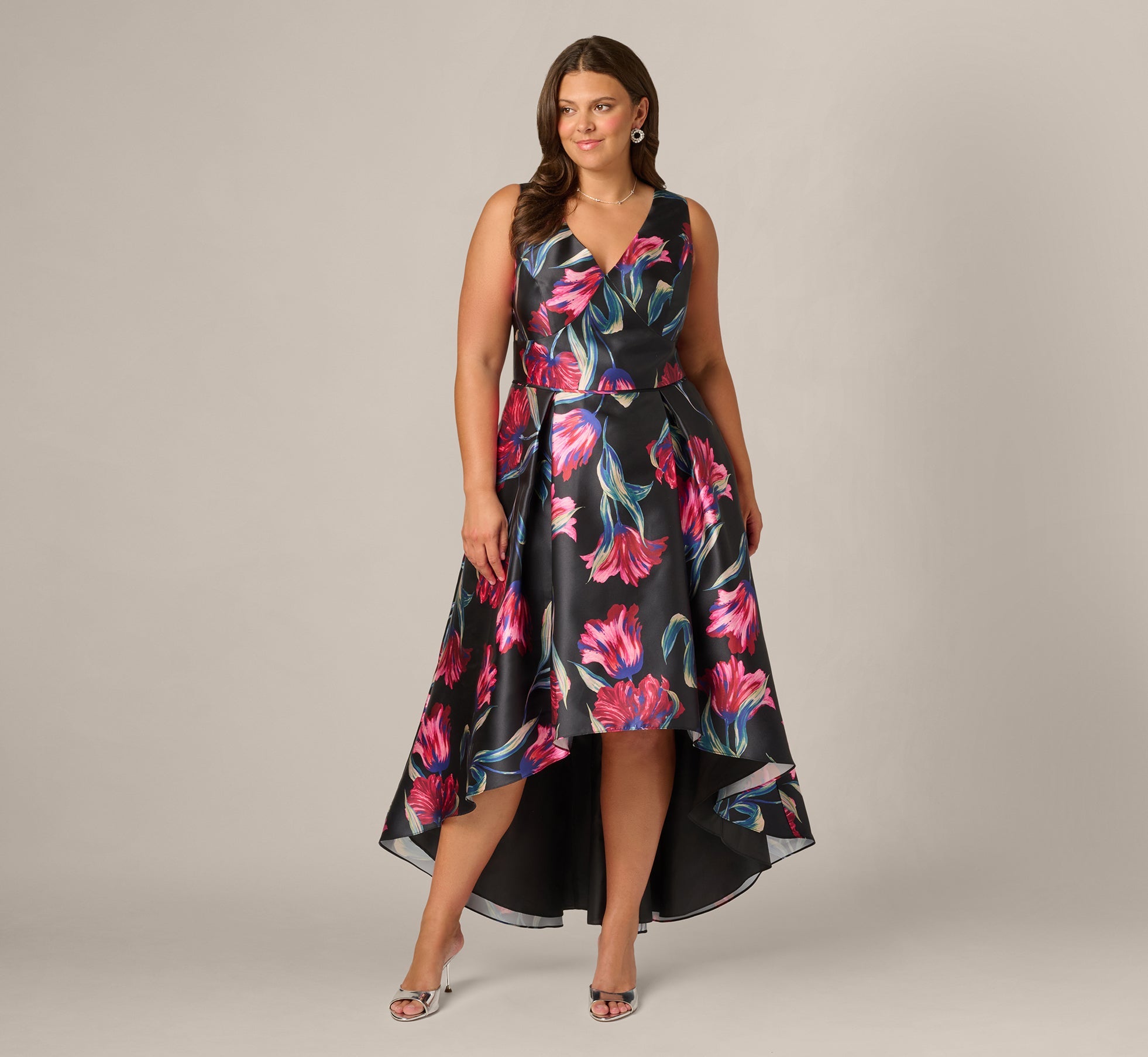 Plus Size Floral Print Mikado High Low Gown In Black Multi
