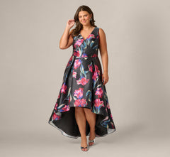 Plus Size Floral Print Mikado High Low Gown In Black Multi