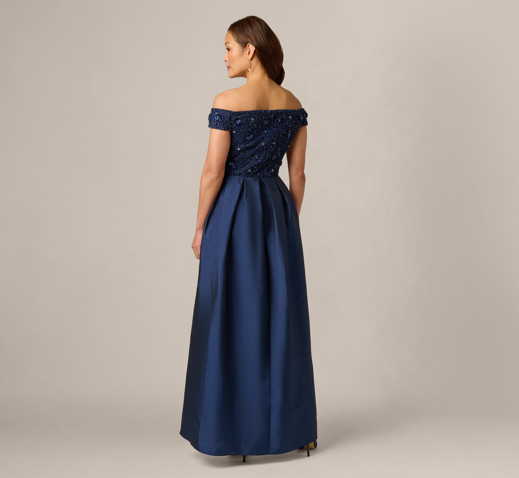 Off Shoulder Taffeta Overlay Beaded Gown In Light Navy