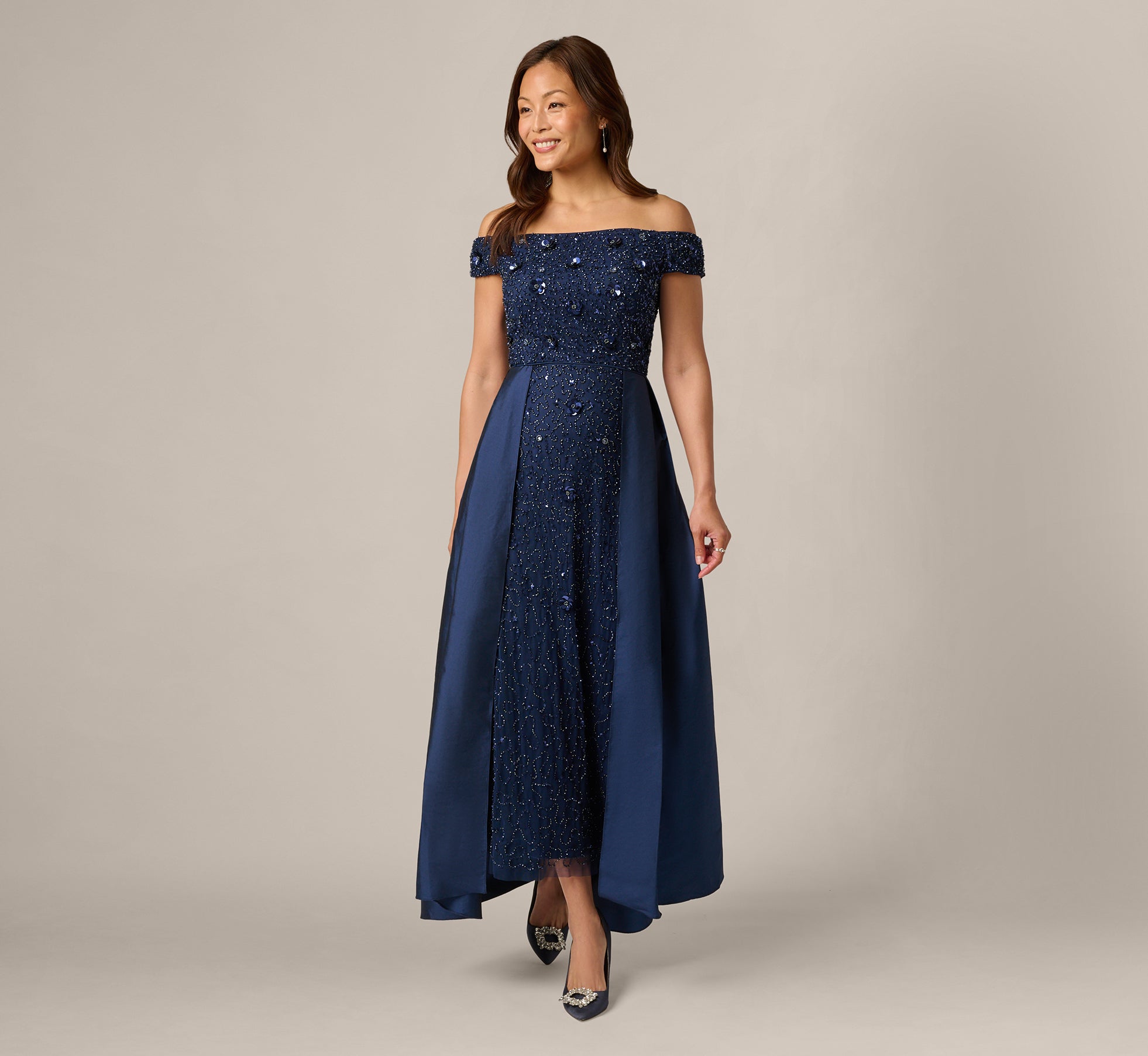Off Shoulder Taffeta Overlay Beaded Gown In Light Navy