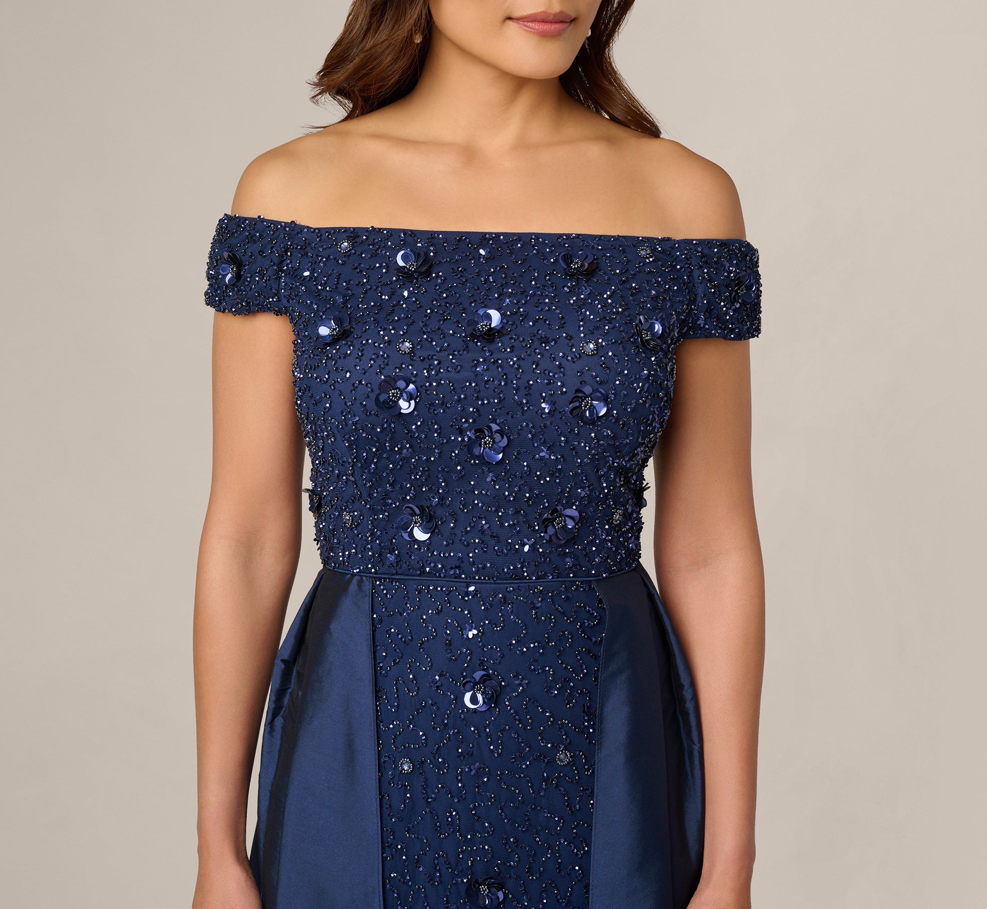 Off Shoulder Taffeta Overlay Beaded Gown In Light Navy