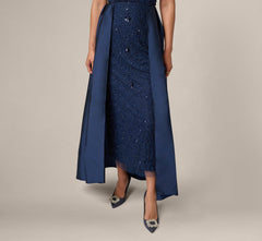 Off Shoulder Taffeta Overlay Beaded Gown In Light Navy