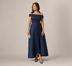 Off Shoulder Taffeta Overlay Beaded Gown In Light Navy