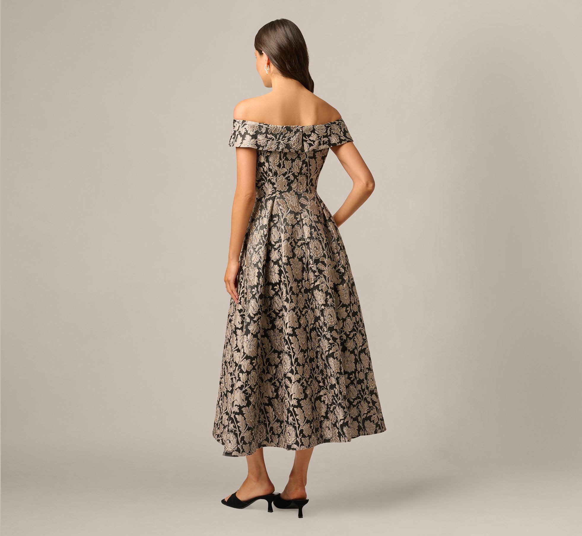Off Shoulder Metallic Floral Jacquard Ankle Dress In Black Taupe